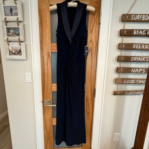 Adrianna Papell Sleeveless Tuxedo Twist Front Prom Gown MOB Navy Evening Dress 8 - Picture 4 of 15